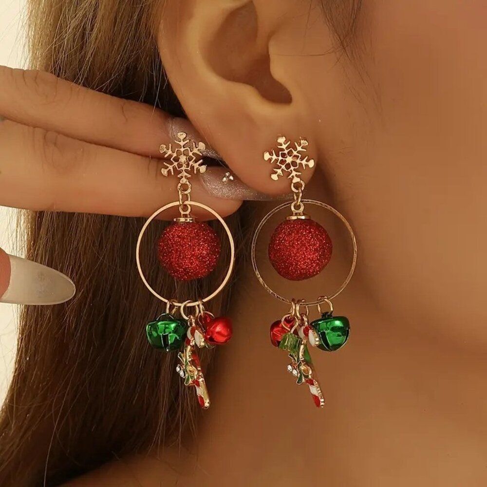 Sparkling Charming Festive Holiday Christmas Bell & Candy Cane Dangle Earrings